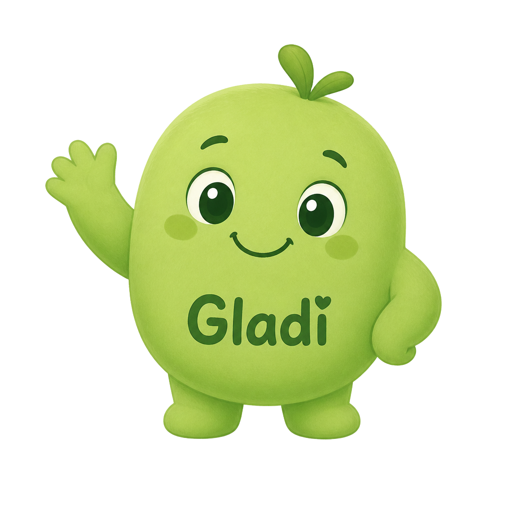 Gladi, ein freundliches kleines grünes Maskottchen, winkt
