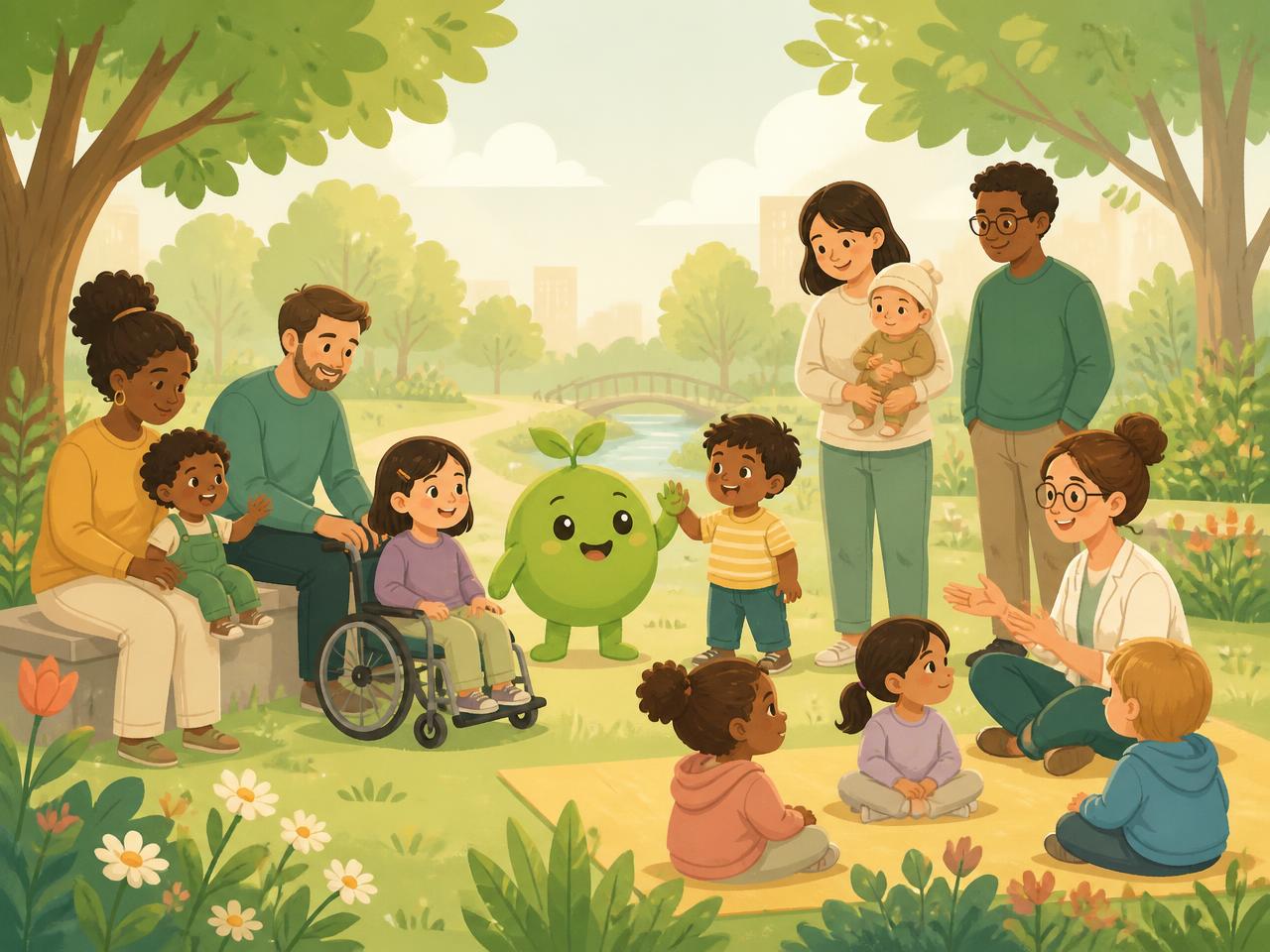 Illustration: Kinder, Eltern und eine Fachkraft sitzen in einem Park zusammen, Gladi steht freundlich in ihrer Mitte